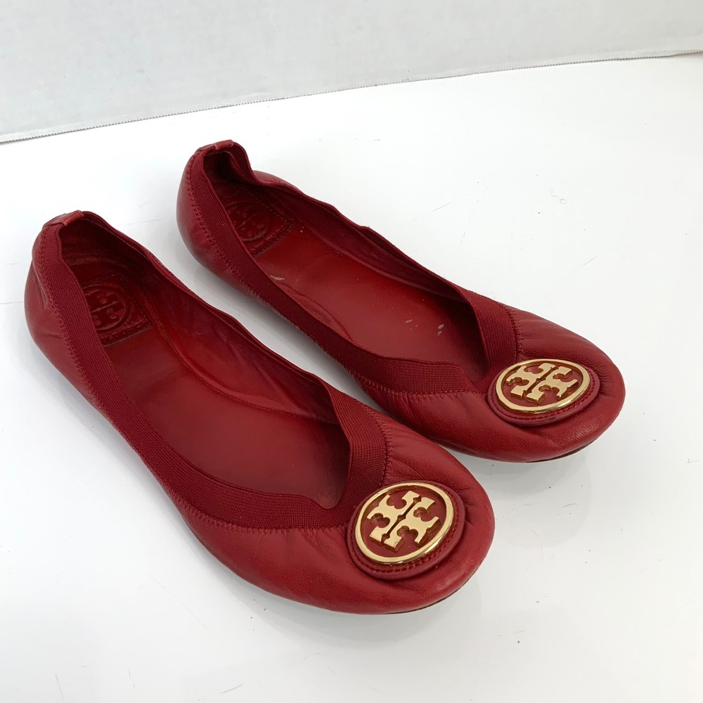 Tory Burch Sz 9.5 Red Leather Gold Logo Scrunch Ballet Flats